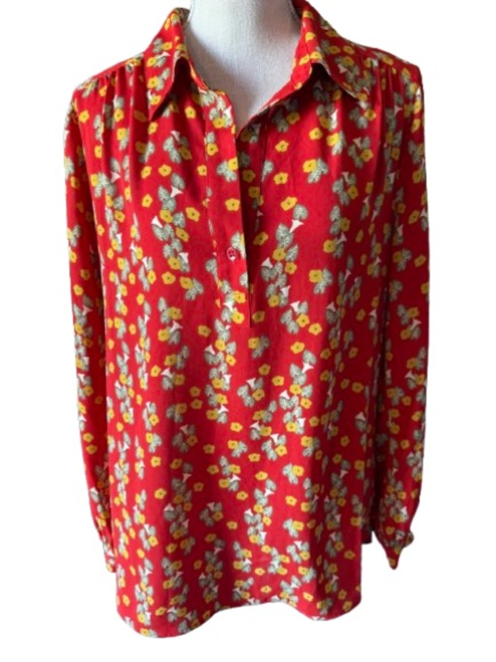 CAbi Red Floral Shirt with Yellow & Green Accents